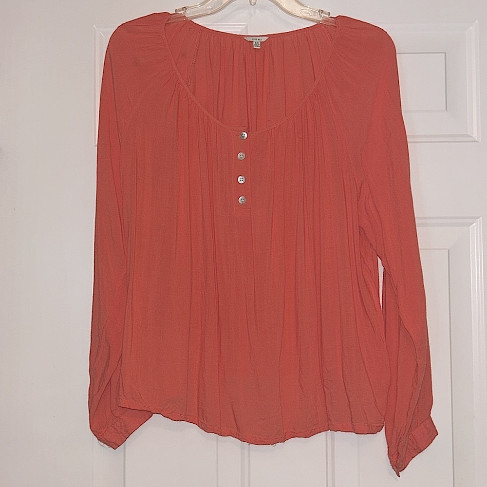 I Love H81 Women's Henley BlouseTop Coral L Loose Relaxed Lightweight Boho